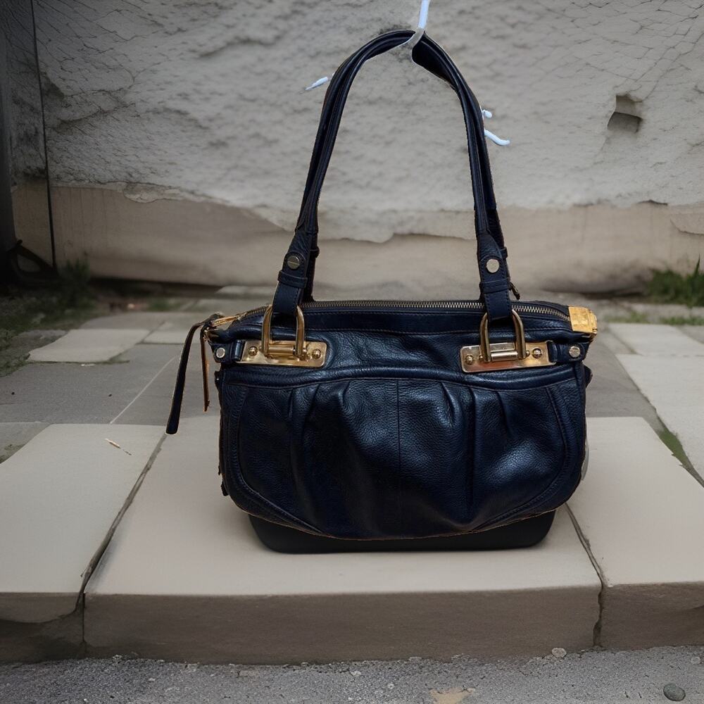 B. Makowsky Black Pebled Leather Shoulder Bag Purse Tone Leopard Lining M